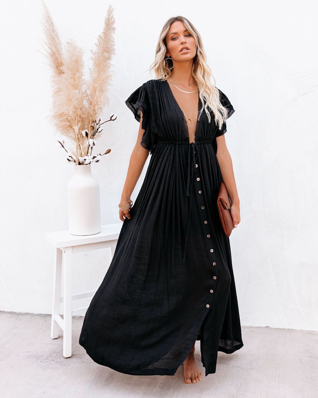 Women's Bohemian Draped Maxi Dress, elegant and flowy, perfect for summer casual wear.
