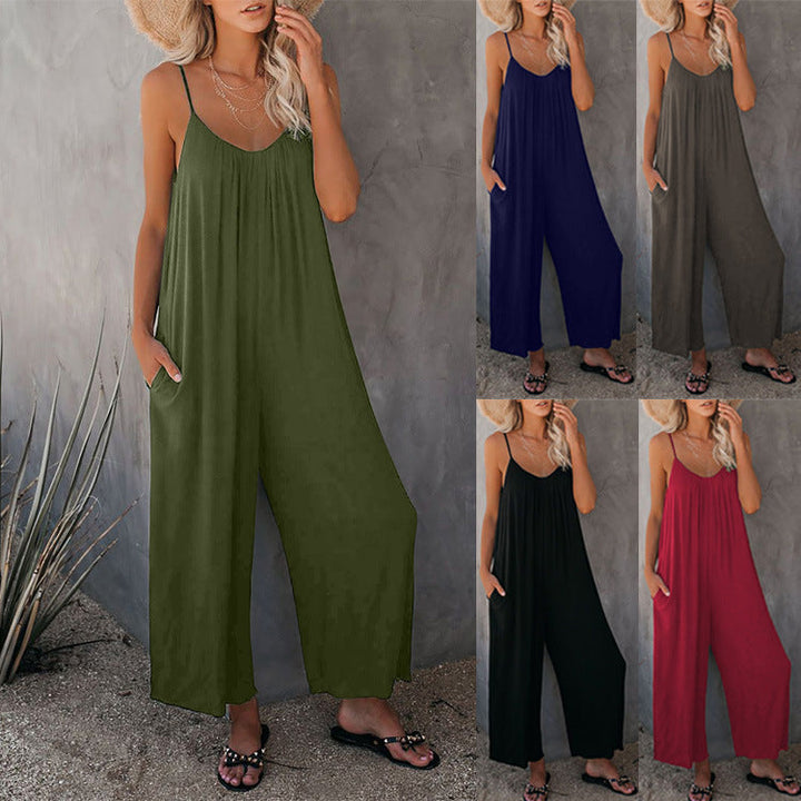 Women's casual summer jumpsuit with plunging neckline, relaxed fit & stylish pockets, perfect for vacation.