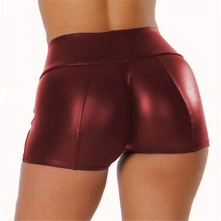 Durable shiny high-waisted sports shorts, great for women's gym, yoga & active lifestyles.