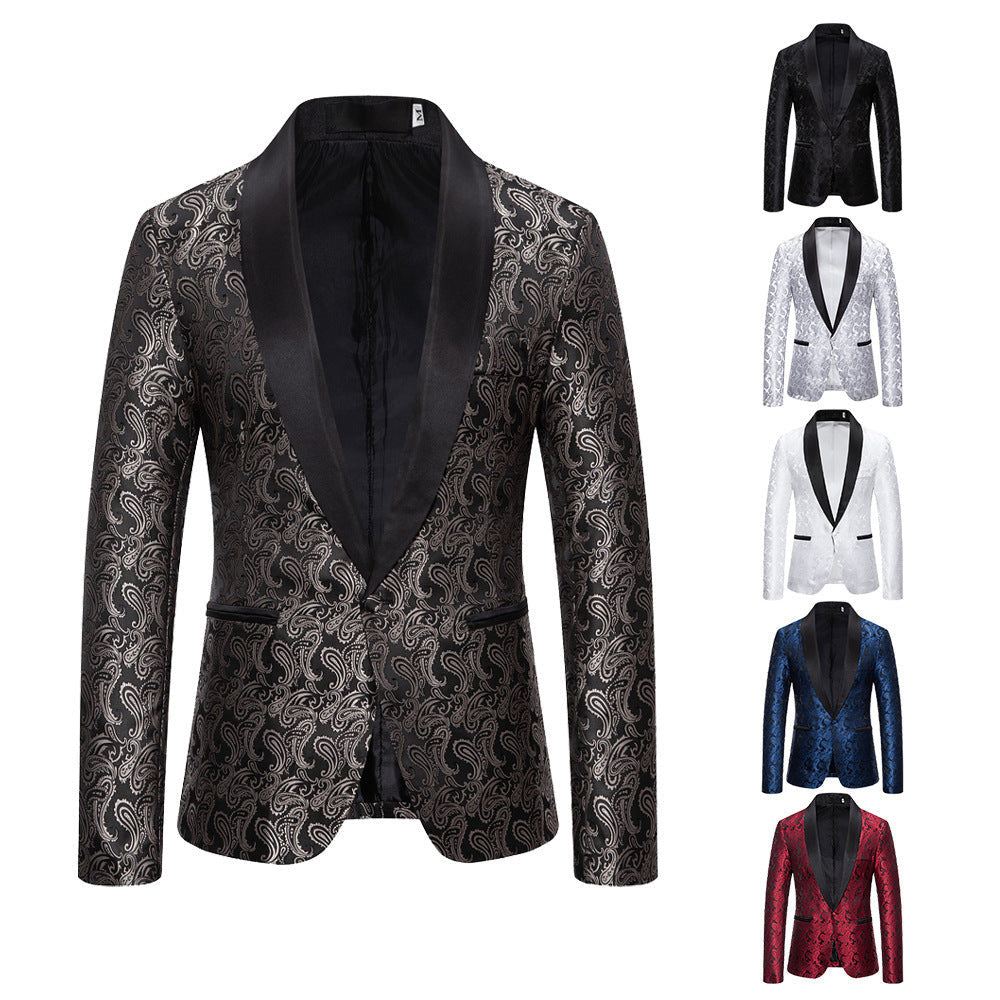 Stylish men's formal wear: black paisley tuxedo jacket with a refined elegant design.