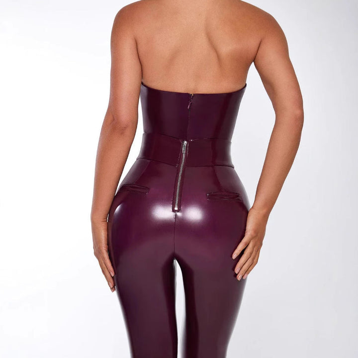 Glamorous women's purple deep V-neck jumpsuit, a chic slim fit bodysuit style perfect for elegant evening parties.