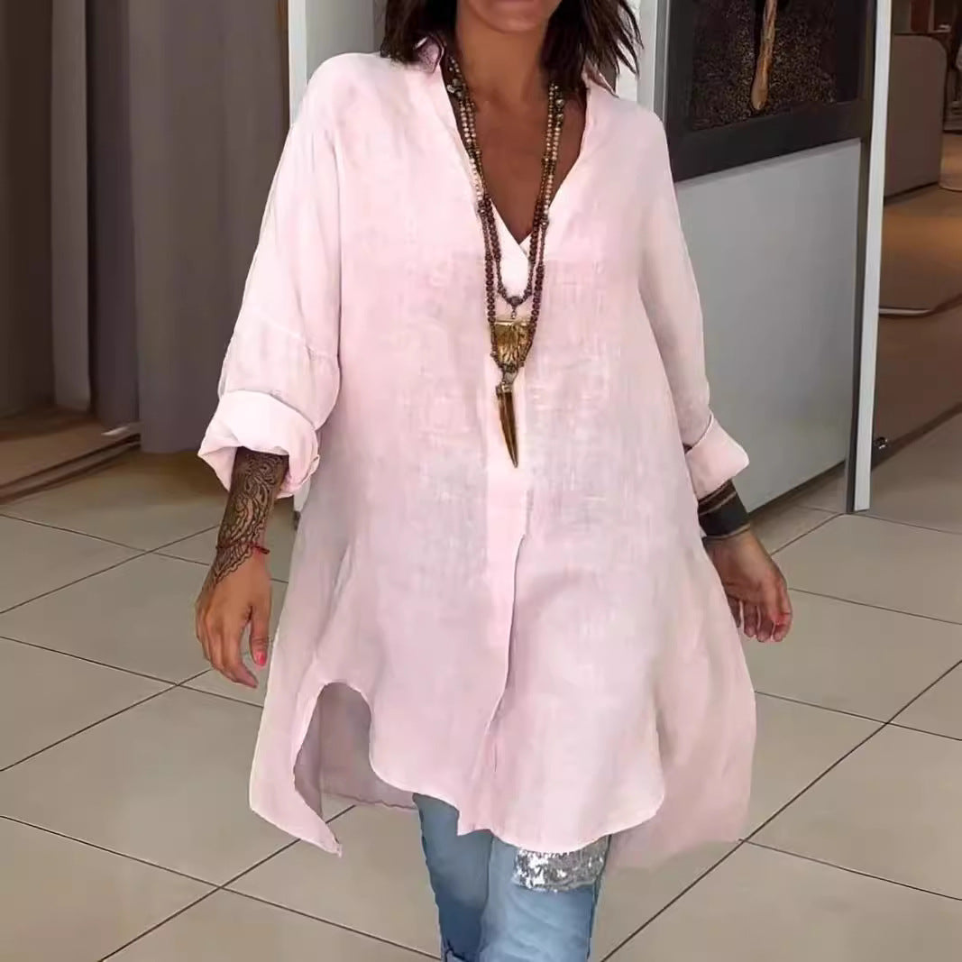 Stylish women's summer top, a comfortable button-down blouse with adjustable roll-up sleeves.