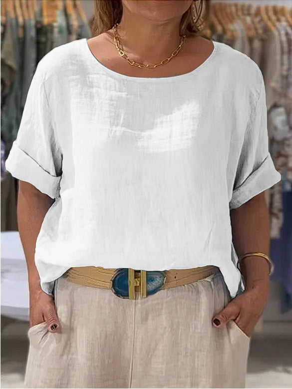Chic sky blue women's relaxed fit blouse with rolled sleeves. Lightweight & versatile for spring/summer.