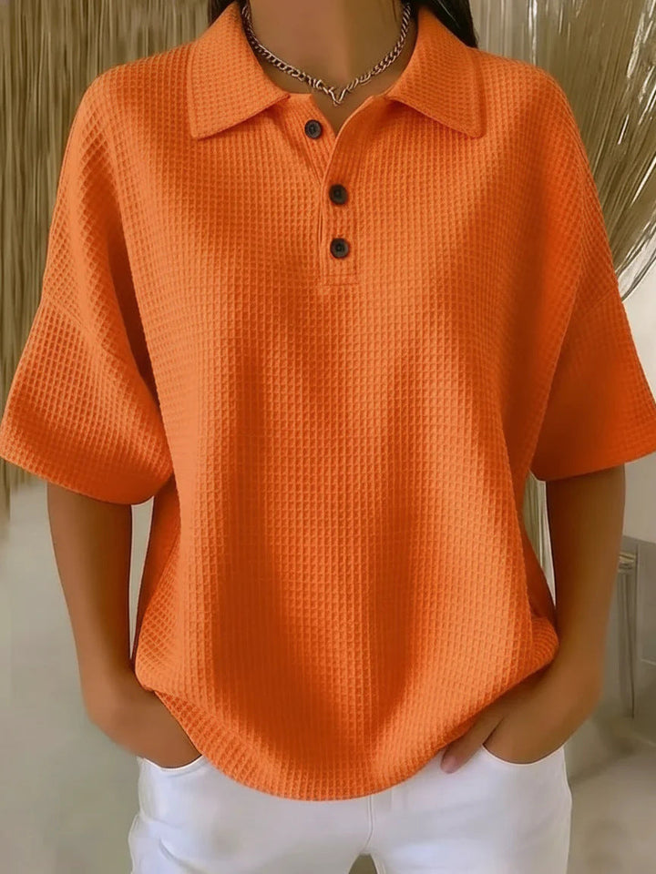 Versatile women's short sleeve polo, comfortable for athleisure & sporty casual wear. Perfect for spring.