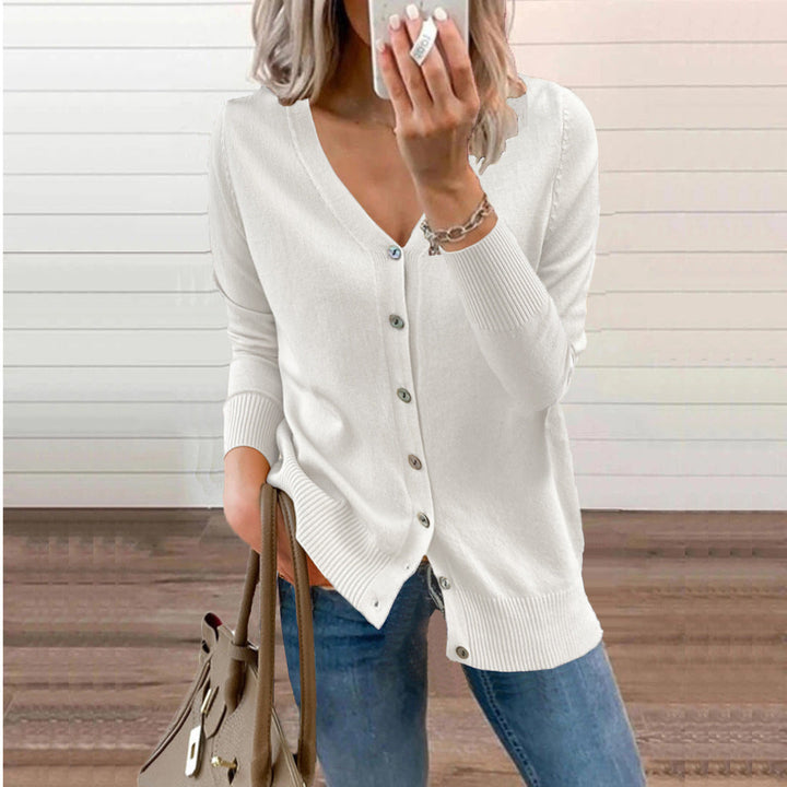 Soft & cozy women's V-neck button cardigan, providing ultimate comfort for fall fashion.
