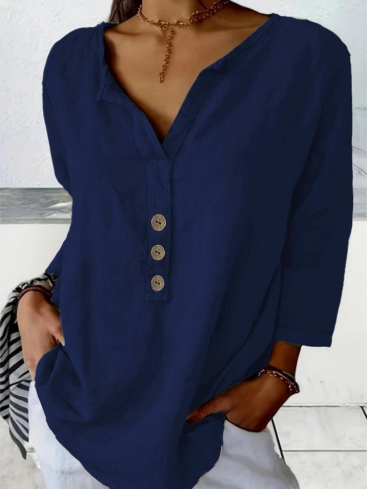 Women's elegant casual blouse: button-down v-neck, 3/4 sleeve. Loose fit for effortless style & comfort.
