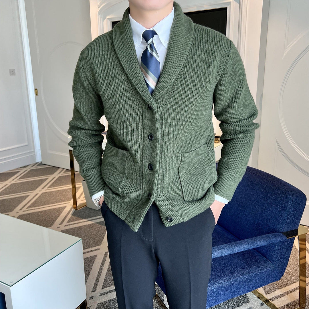 Stylish men's button-front knit jacket, a warm cardigan with an elegant shawl collar for winter fashion.
