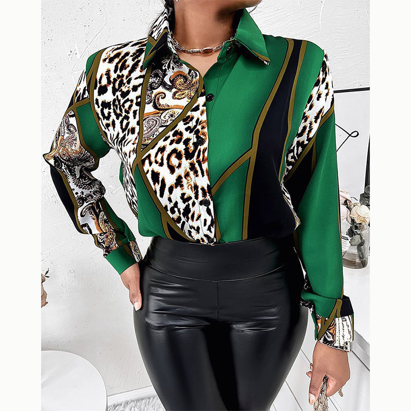 Elegant women's printed blouse with trendy collar & long sleeves, ideal for office or casual chic fashion.