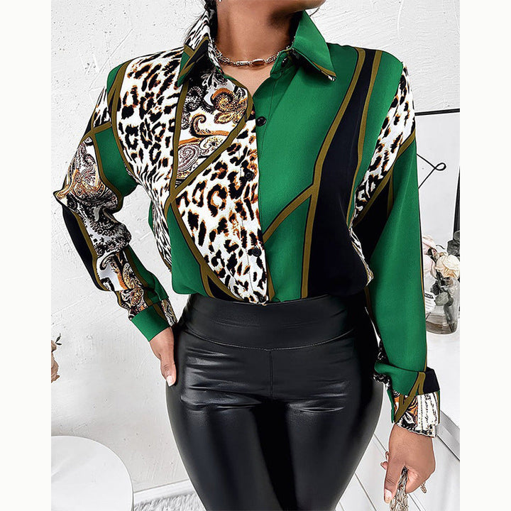 Elegant women's printed blouse with trendy collar & long sleeves, ideal for office or casual chic fashion.