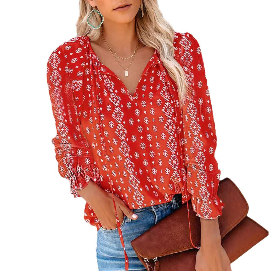 Stylish women's ruffle V-neck top, an elegant blouse for work or casual outings.