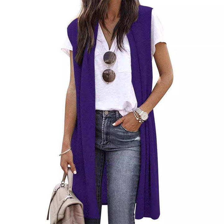 Modern women's sleeveless long vest for office or casual layering, blending comfort with chic style.