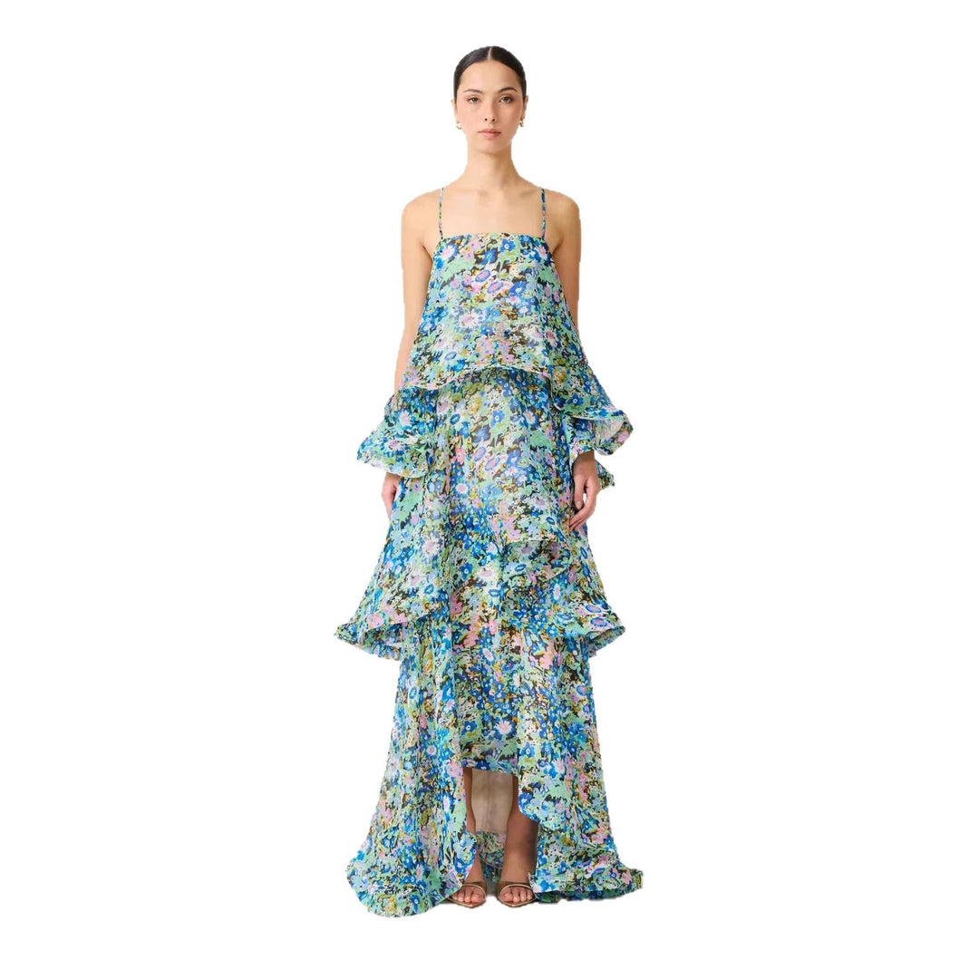 Formal women's occasion wear maxi dress, showcasing beautiful ruffles and a sophisticated design.