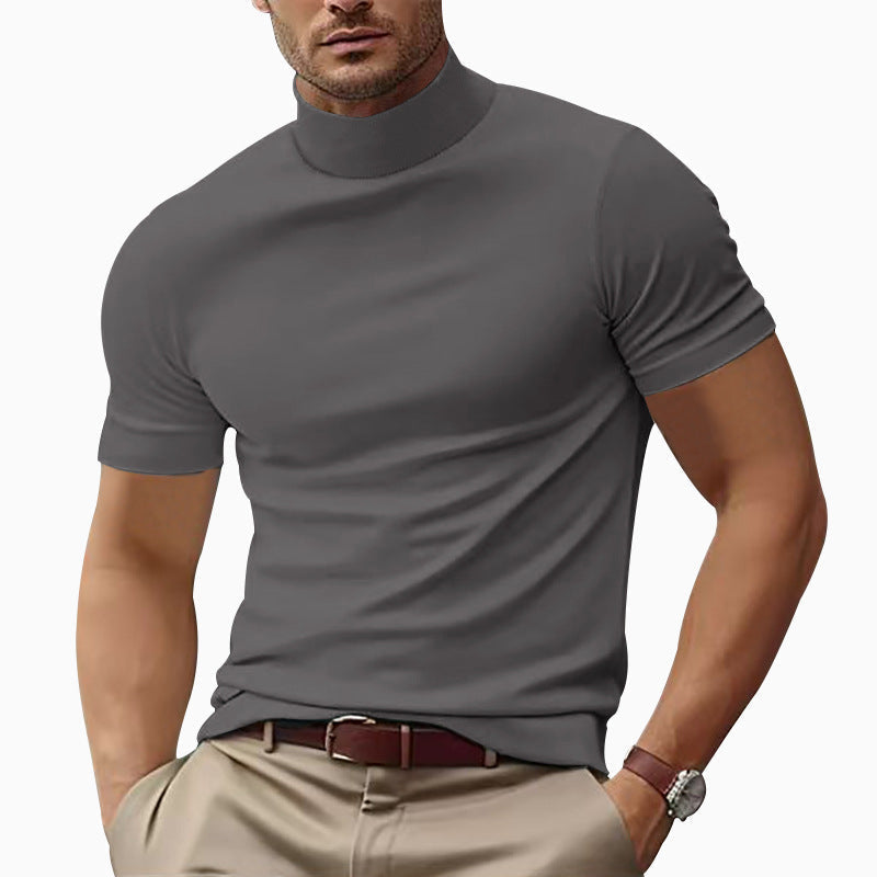 Men's slim fit short sleeve turtleneck tee, embracing contemporary casual wear with comfort.