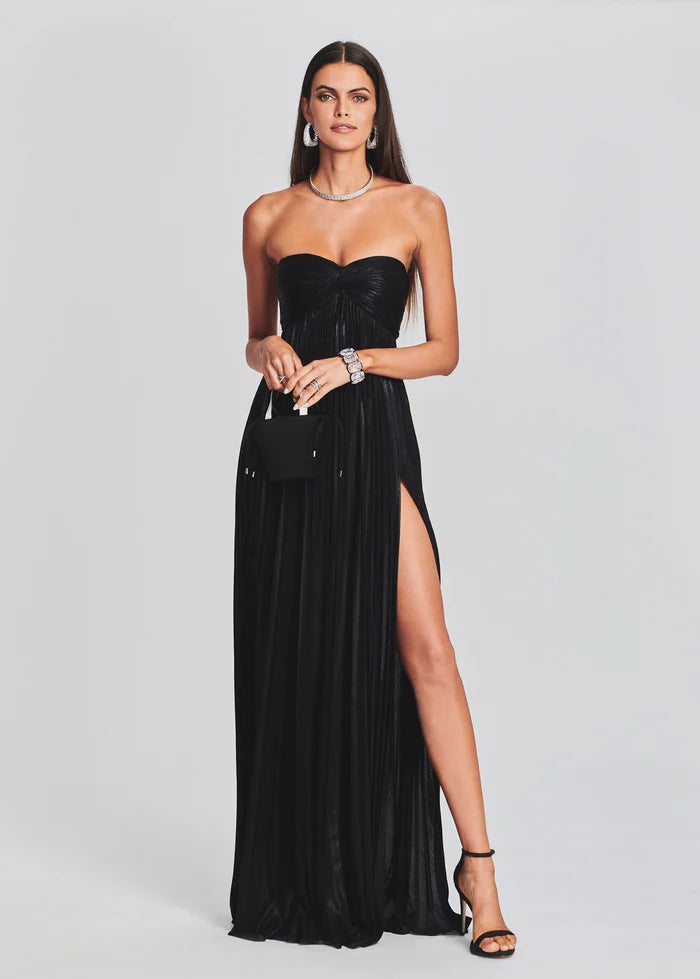 Chic women's off-shoulder formal gown, a long evening dress with an elegant slit, trending in women's fashion.