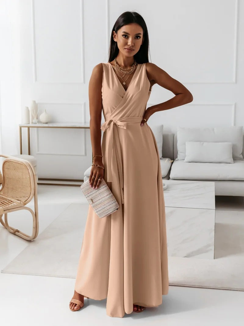 Sophisticated women's elegant wrap maxi dress, suitable for wedding guests, galas, and formal parties.