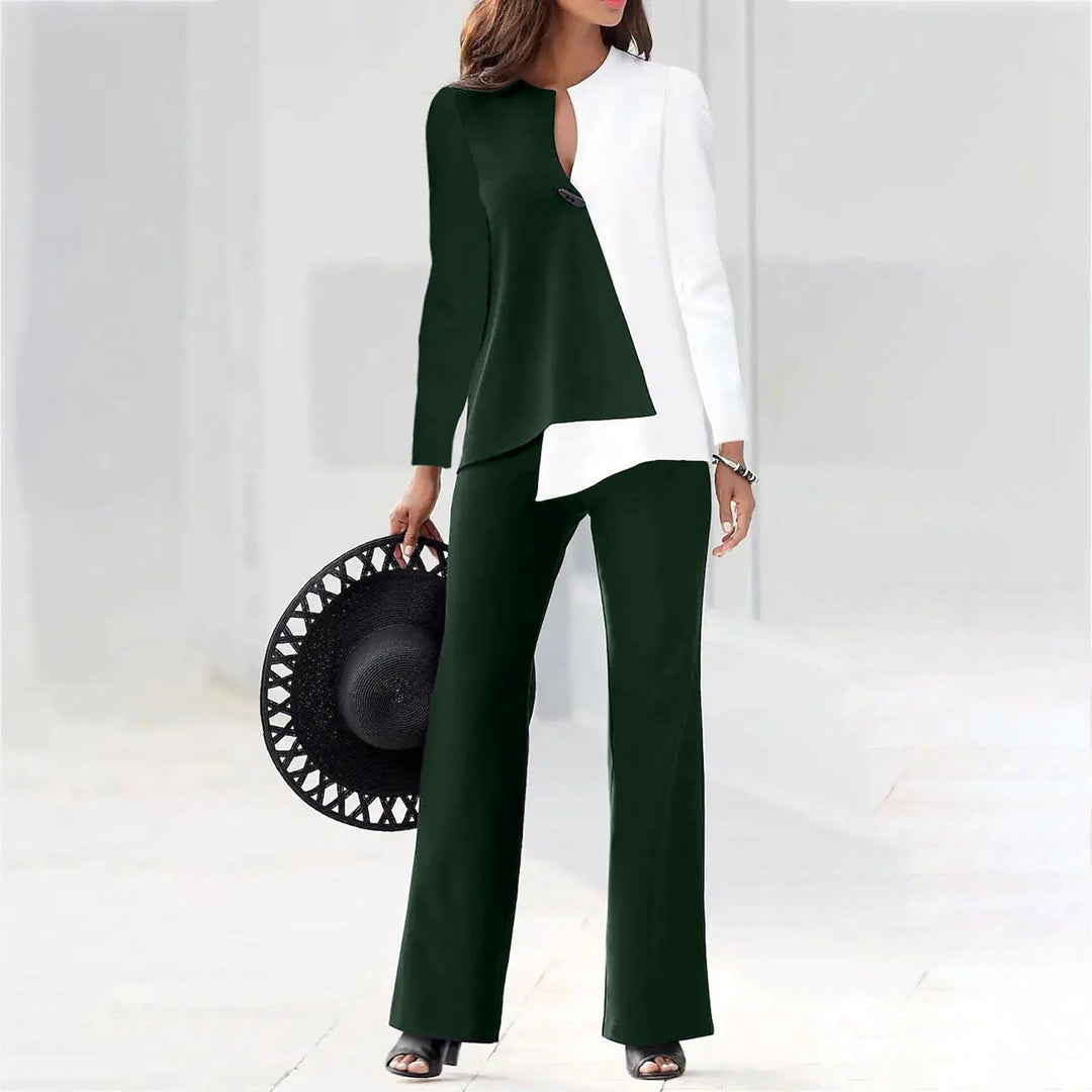 Stylish women's two-piece asymmetrical pant suit set, an elegant choice for modern office and workwear.