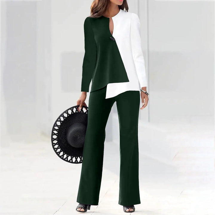 Stylish women's two-piece asymmetrical pant suit set, an elegant choice for modern office and workwear.