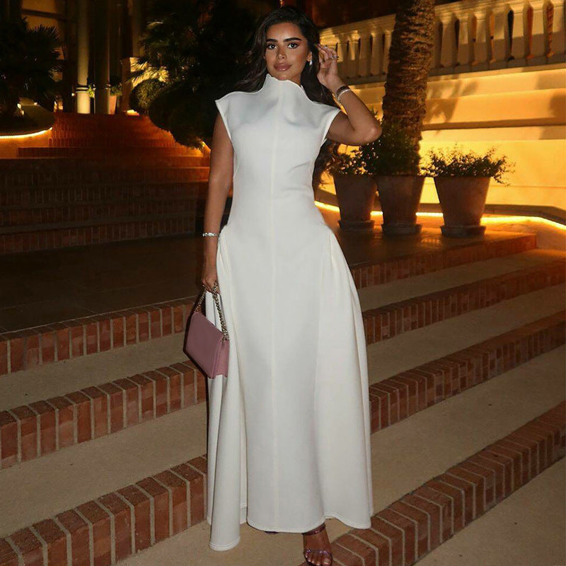 Elegant women's maxi dress with a sophisticated stand collar & stylish side slit, perfect for formal events.