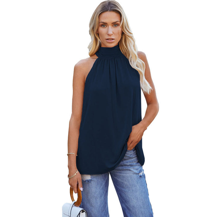 Women's summer sleeveless high-neck top, a chic and fluid-fit blouse for modern fashion.