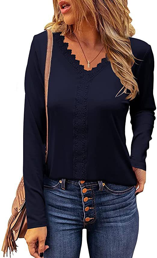Elegant V-neck long sleeve blouse with lace trim, suitable for office chic or stylish casual outings.