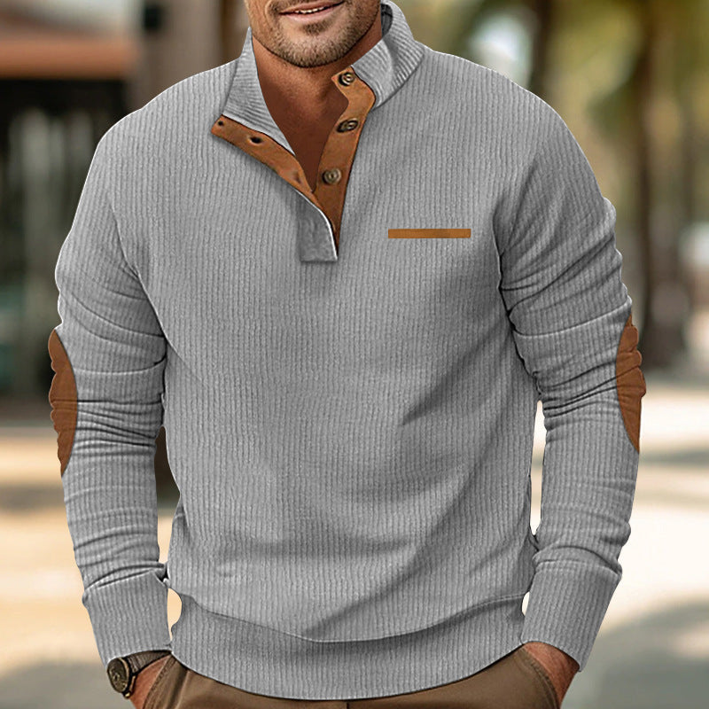 Stylish men's zip front sweater, black knit, sleek faux leather trim, urban fashion statement.