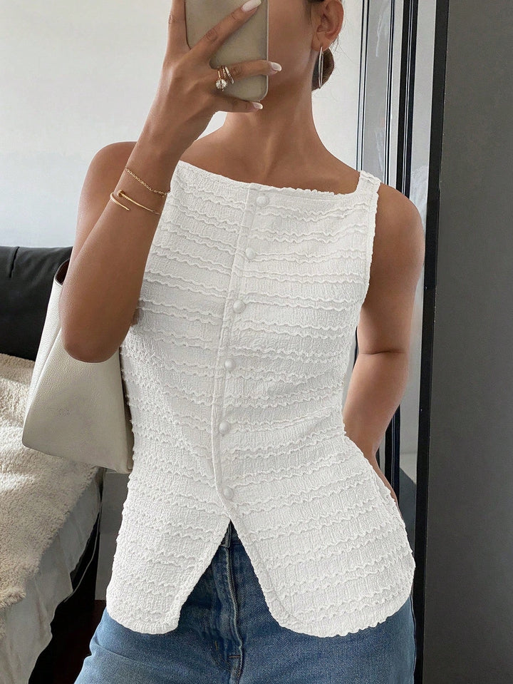 Women's chic sleeveless button-front vest for office wear. Versatile outerwear layering piece, smart casual.