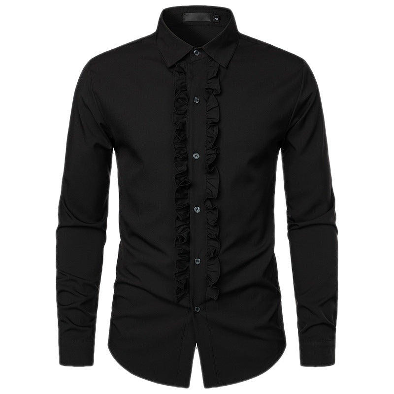 Formal men's white ruffle shirt. Elegant slim-fit design, perfect for sophisticated special occasion fashion.