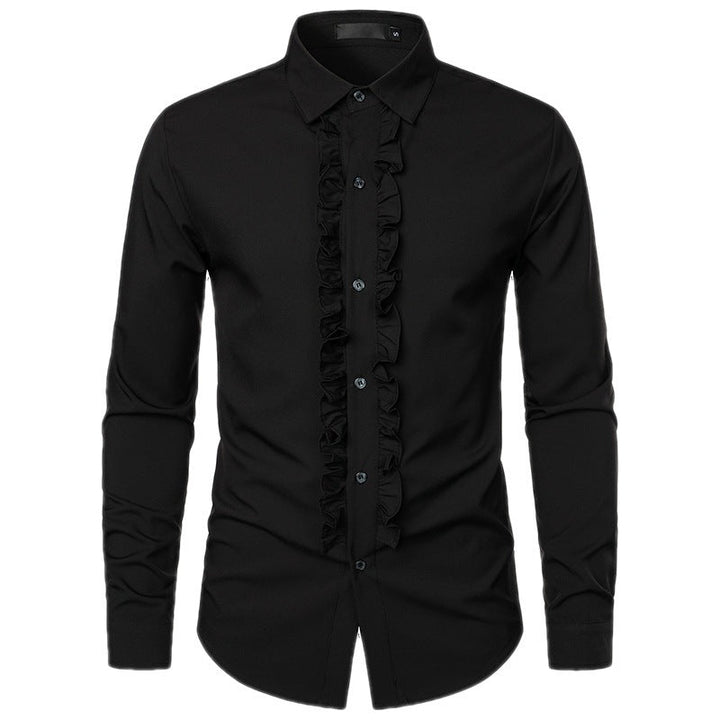 Formal men's white ruffle shirt. Elegant slim-fit design, perfect for sophisticated special occasion fashion.