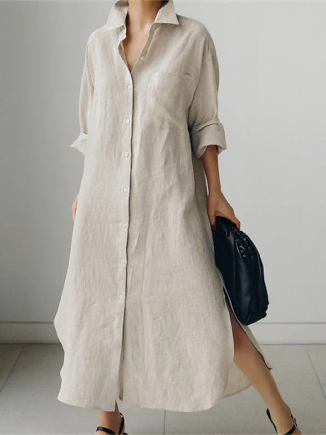 Simple yet chic women's midi shirt dress with side slits, a lightweight and versatile choice for everyday style.