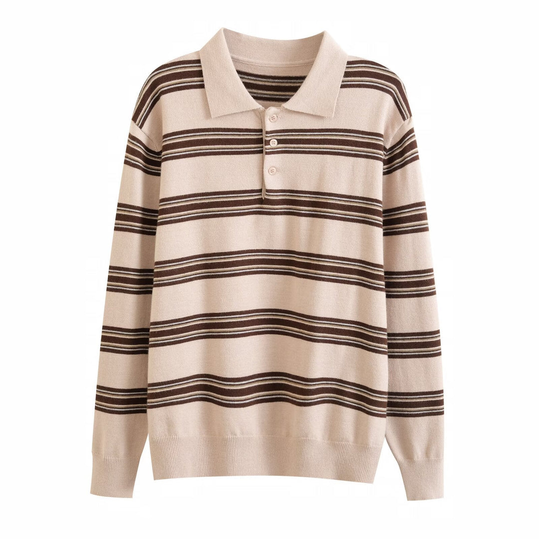 Stylish women's striped polo pullover sweater with a relaxed fit. Elegant long-sleeve top for casual or chic looks.