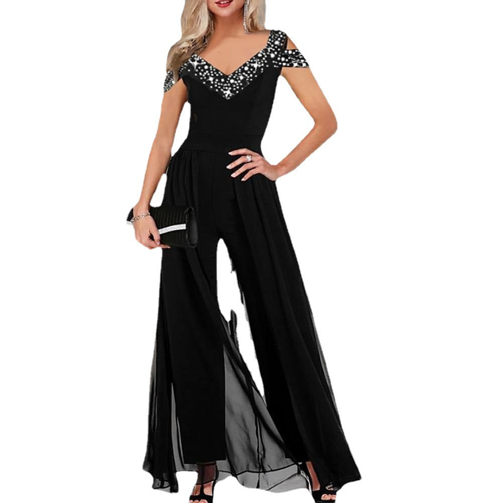 Black sequin off-shoulder elegant women's jumpsuit with wide-leg pants, perfect for formal evening parties.