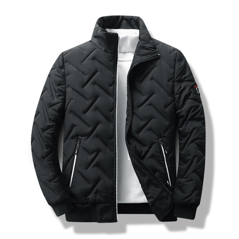 Men's modern slim fit quilted jacket. Stylish outerwear for fall & winter warmth, features a chic stand collar.