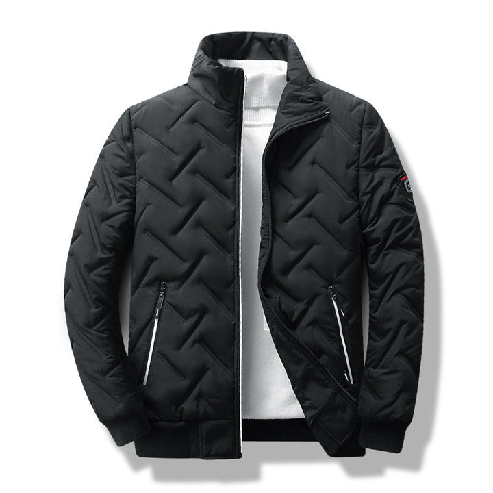 Men's modern slim fit quilted jacket. Stylish outerwear for fall & winter warmth, features a chic stand collar.