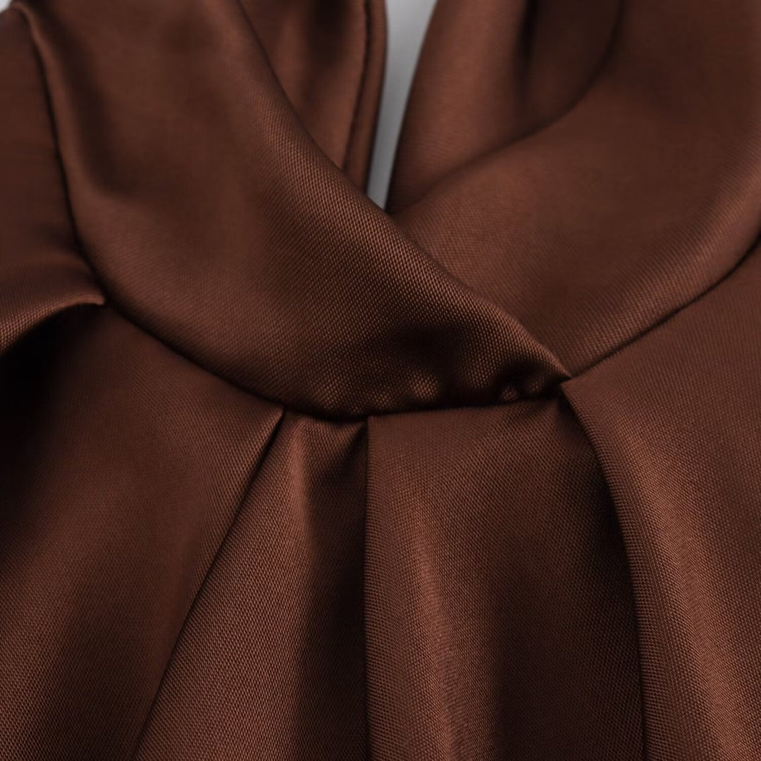 Rich brown elegant midi dress for women, a perfect dusk-inspired formal or party outfit.