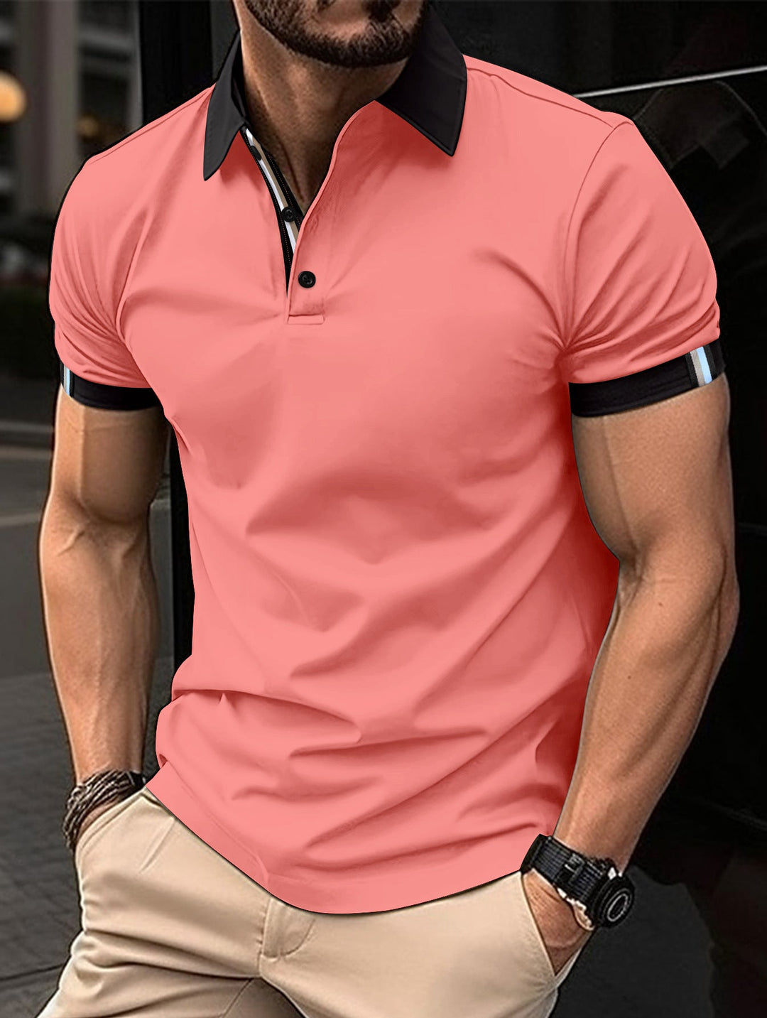Everyday men's polo shirt, short sleeve, performance material, stylish contrast design for a polished look.