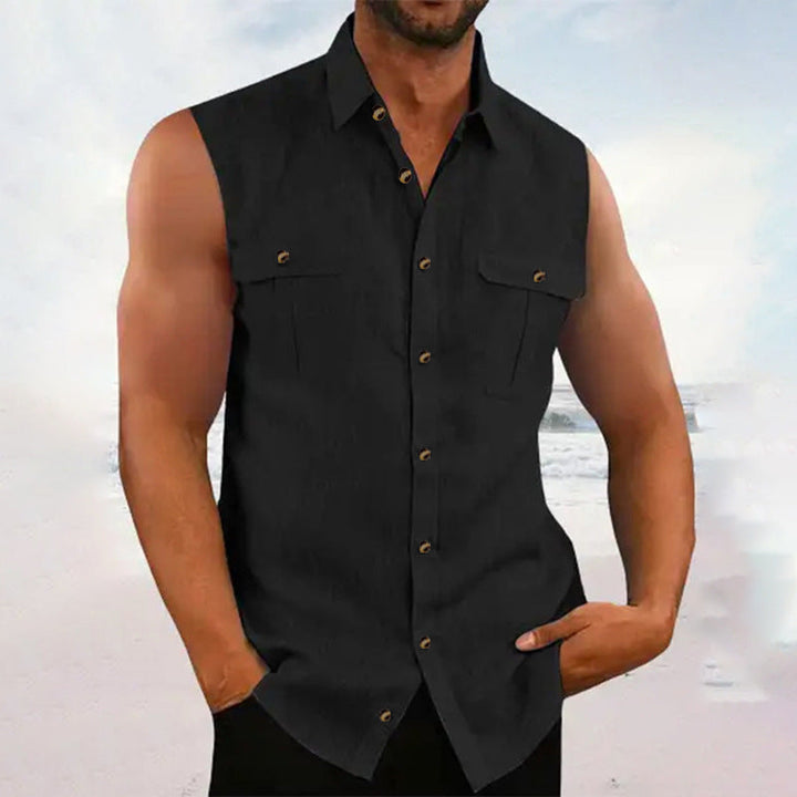Casual men's sleeveless button-down shirt with front pockets, great for summer everyday wear.