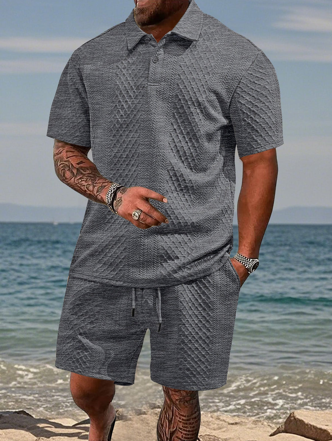 Men's summer casual two-piece outfit: comfortable sport polo and athletic drawstring shorts.