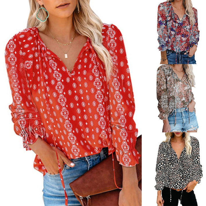 Women's ruffle V-neck blouse, elegant & comfortable top for various occasions.