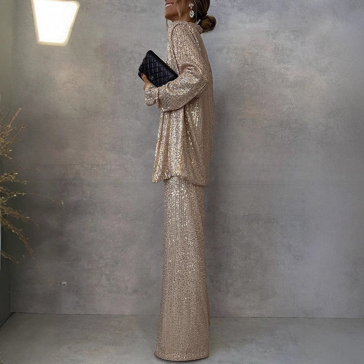 Elegant women's wide leg sequin pants paired with a matching glittering blazer suit.