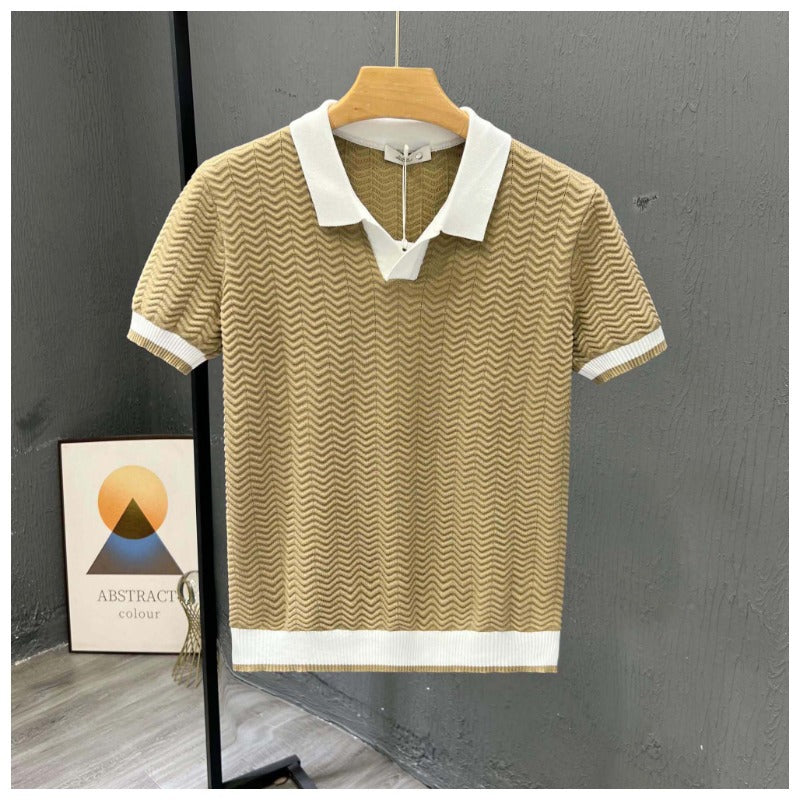 Breathable men's zigzag knit polo shirt with contrast collar, a comfortable short sleeve top for everyday wear.