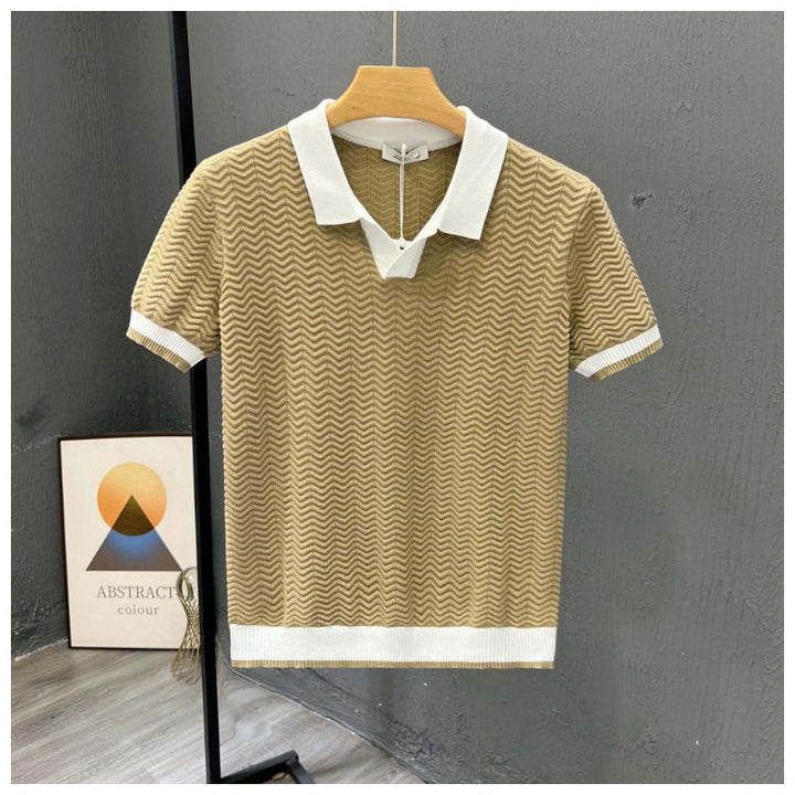 Breathable men's zigzag knit polo shirt with contrast collar, a comfortable short sleeve top for everyday wear.