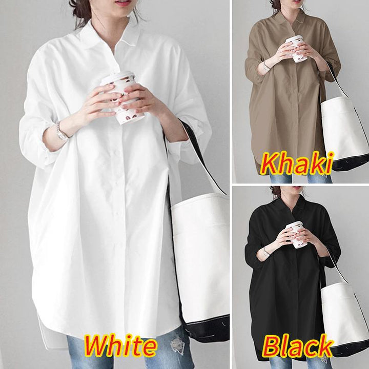 Women's plus size elegant button-up blouse, perfect for casual or work wear. Long sleeve tunic top.