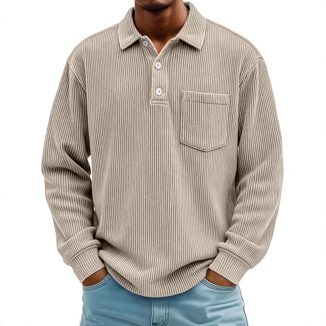 Men's textured long sleeve polo, button placket detail, a smart casual fashion essential.