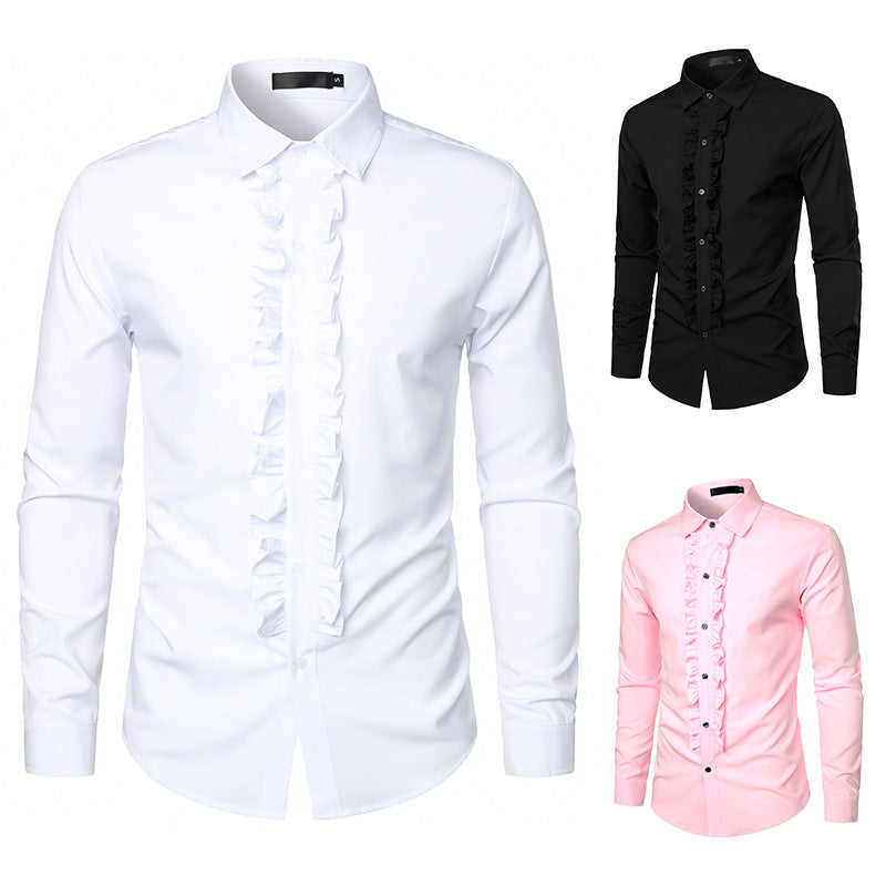 Full view of a man wearing an elegant white ruffle dress shirt with cufflinks, suitable for formal fashion.