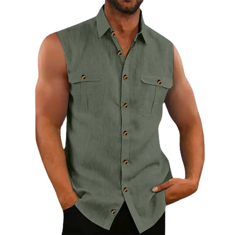 Versatile men's sleeveless button-down shirt, stylish & comfortable for summer casual wear.