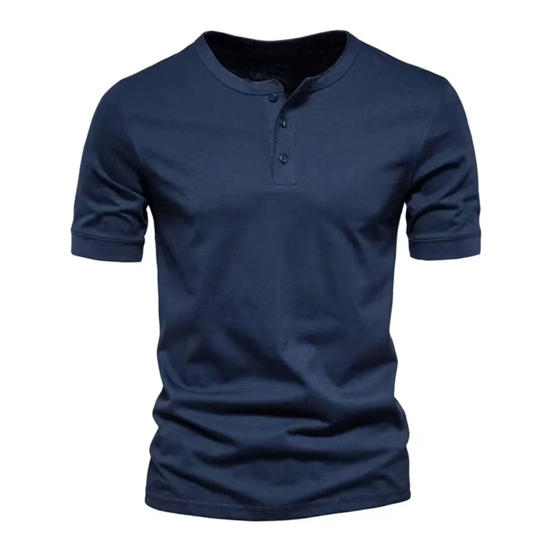 Everyday men's short sleeve Henley shirt, comfortable fabric, simple button placket.