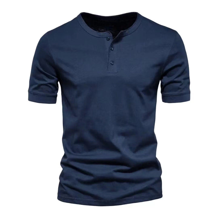 Everyday men's short sleeve Henley shirt, comfortable fabric, simple button placket.