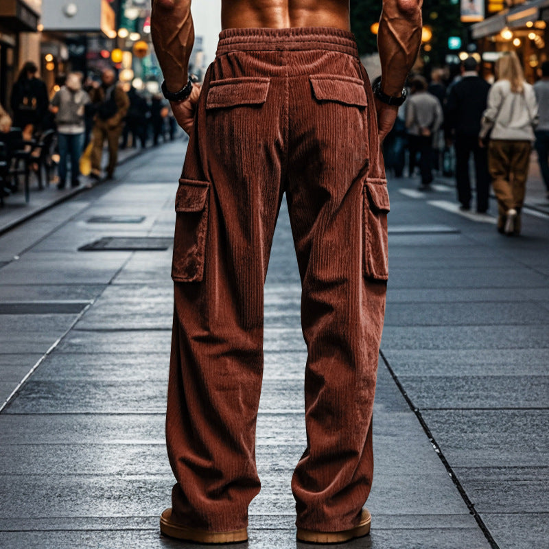 Men's comfortable loose cargo trousers featuring an adjustable waist & practical side utility pockets.