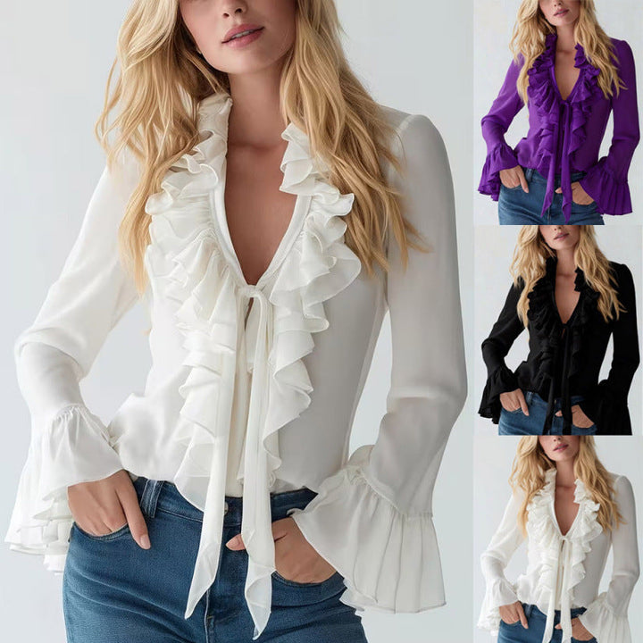 Elegant women's white ruffle V-neck top with flared sleeves, chic and versatile for spring.