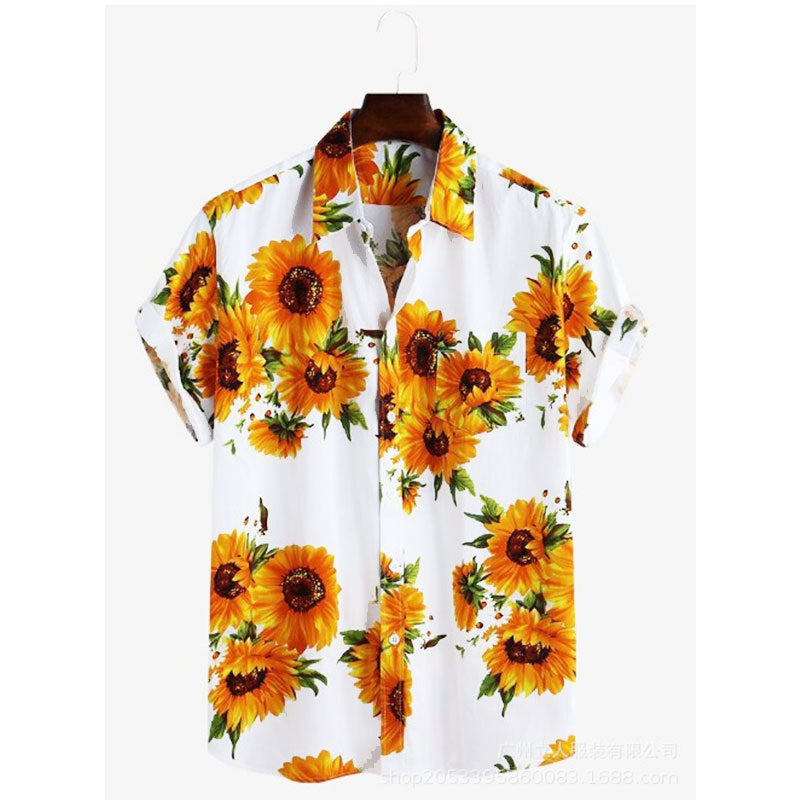 Close-up of men's colorful sunflower graphic short sleeve shirt, showcasing soft fabric for summer comfort.
